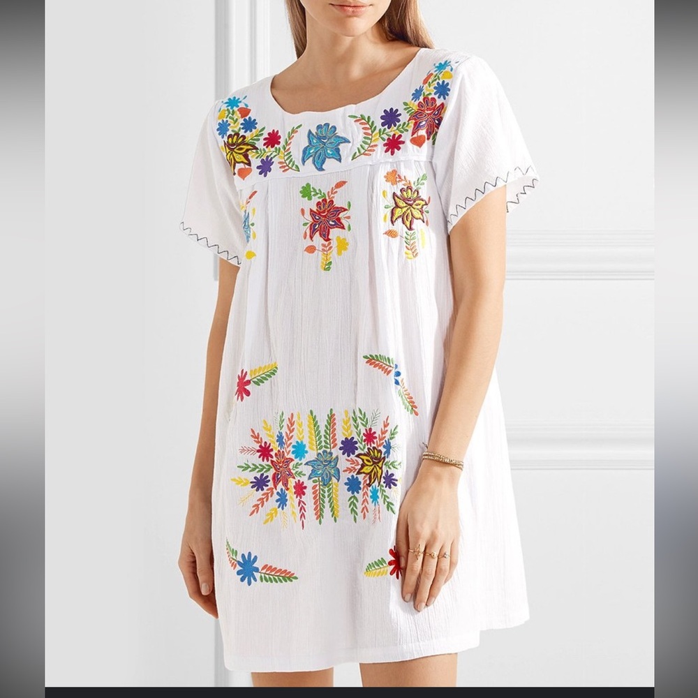 Sensi Studio Floral Embroidery White Cotton Mini Dress Size Small‎